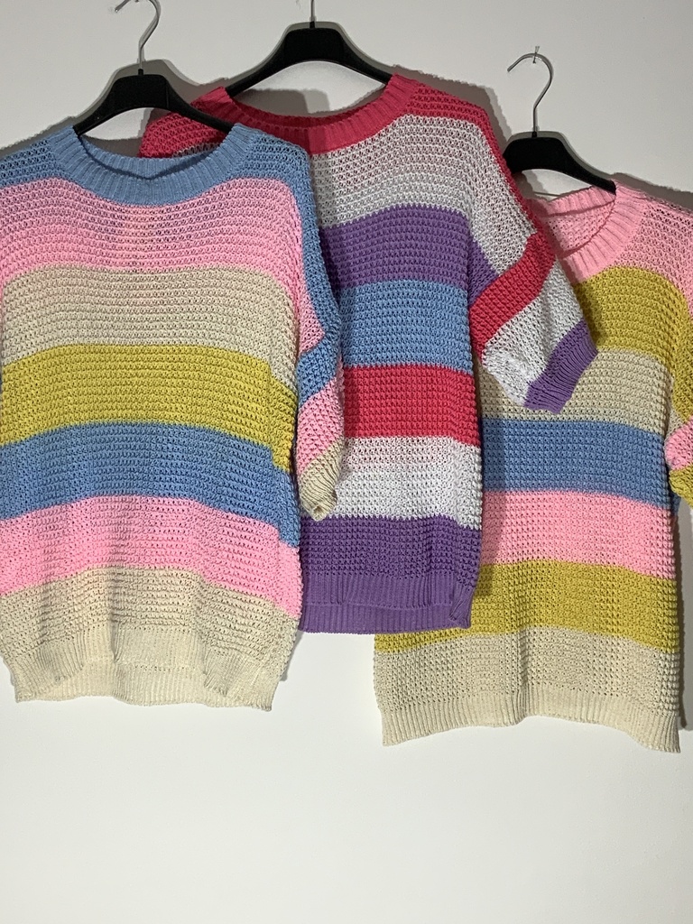 OZ.3057OCT  Pullover kurz Arm farblich gestreift bunt